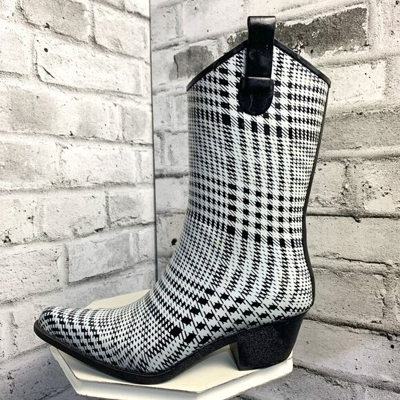 Daily Shoes Plaid Western Pointed Toe Rubber Rain Boots - Picture 1 of 10